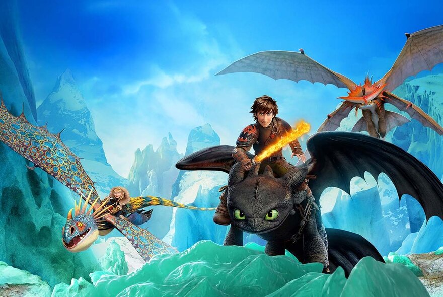 A still image from the movie How to Train your Dragon 2, showing a boy riding a dragon with other dragons flying around them. 