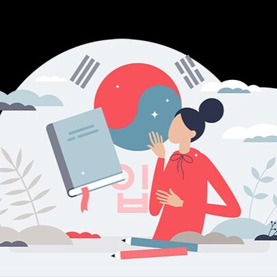 Graphic illustration of a person in red, a book, and a stylized South Korean flag against a white background.