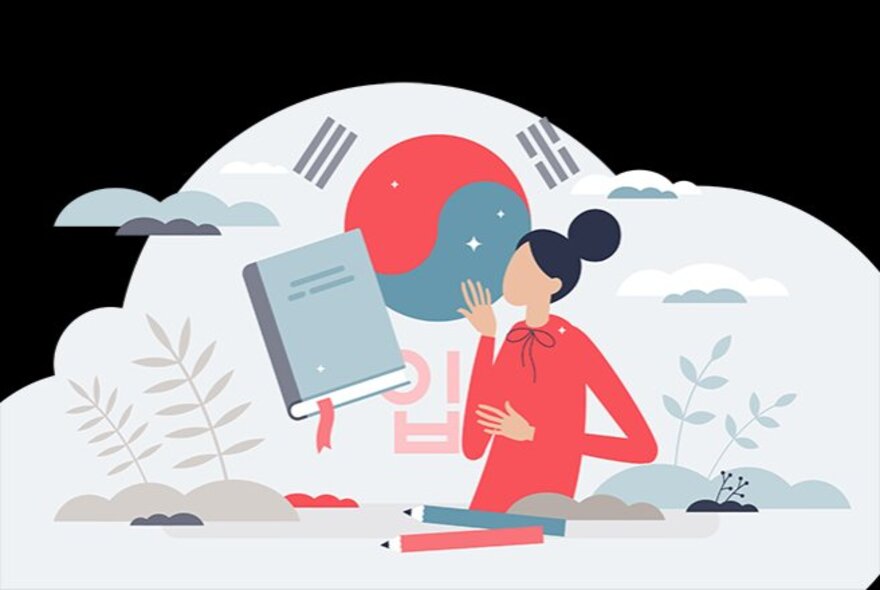Graphic illustration of a person in red, a book, and a stylized South Korean flag against a white background.