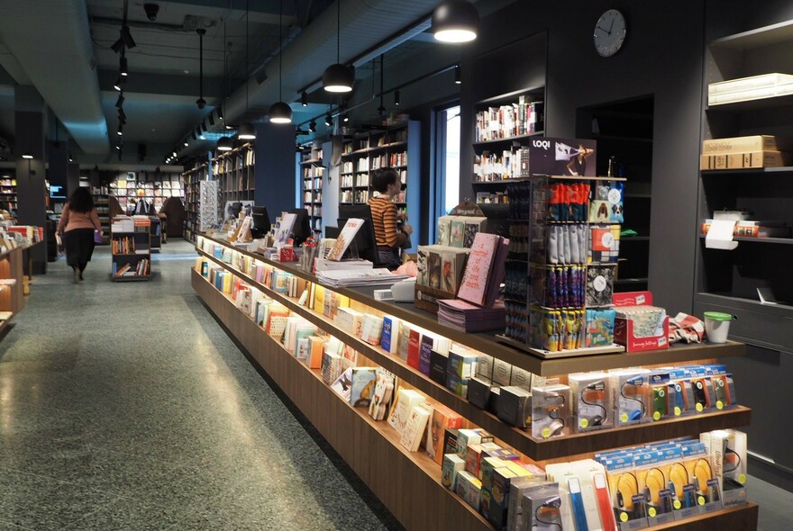 Books on display inside Readings bookstore.