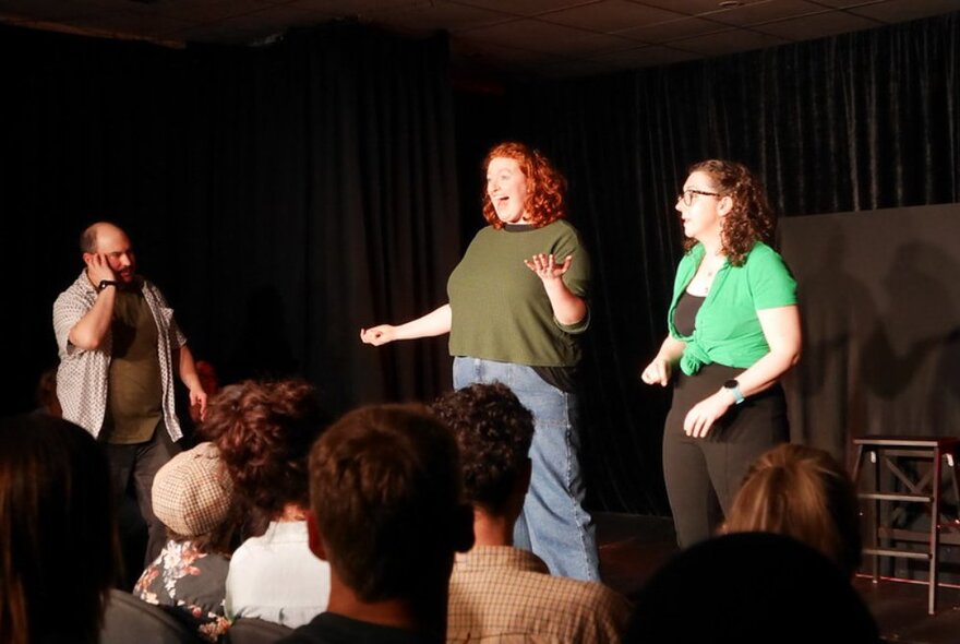 The cast of actors of Impro Melbourne on stage, performing in front of an audience.