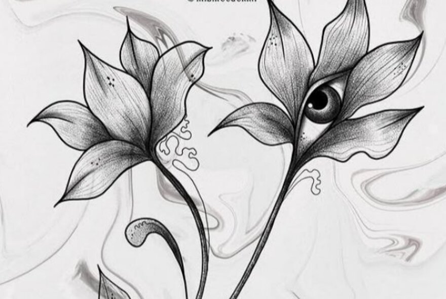 Linework artwork of flowers with eyes.