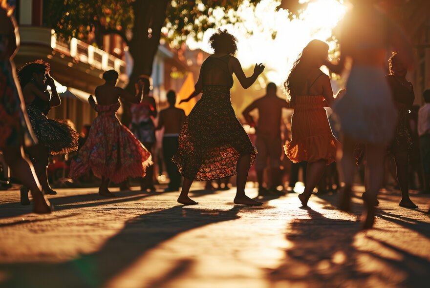 People salsa dancing in a street with the sun glaring through.