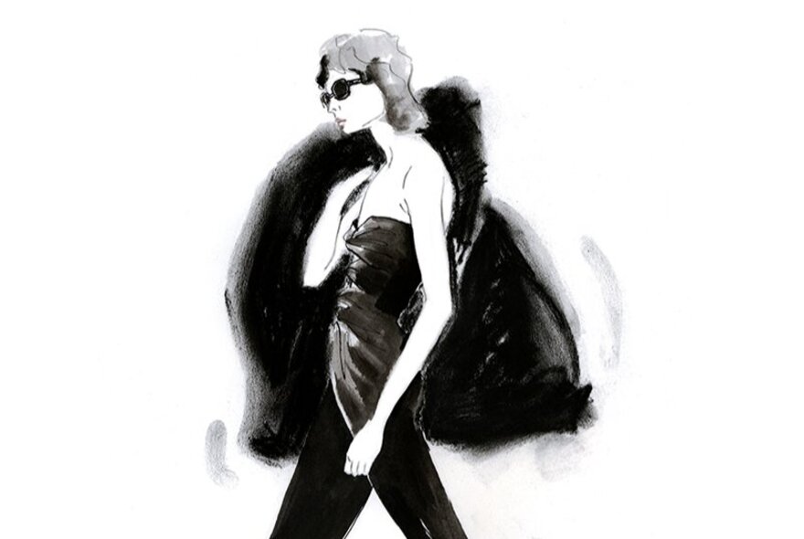 Fashion illustration in black and white, woman wearing sunglasses, strapless top and trousers.