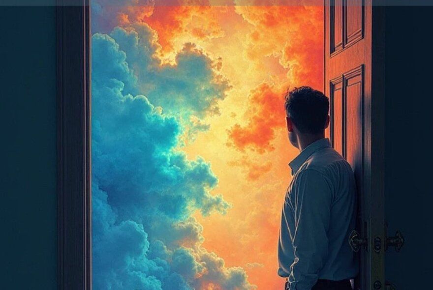 A man standing in an open doorway looking out at vibrant blue and orange clouds.