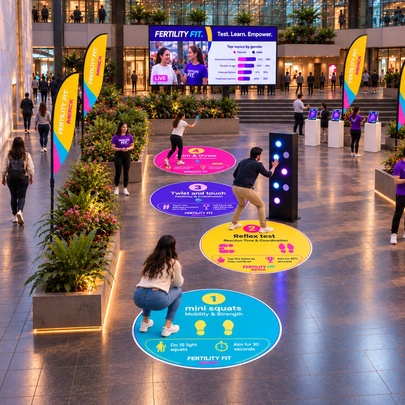 A pop up fitness installation at Fed Square with coloured floor stickers and interactive screens.