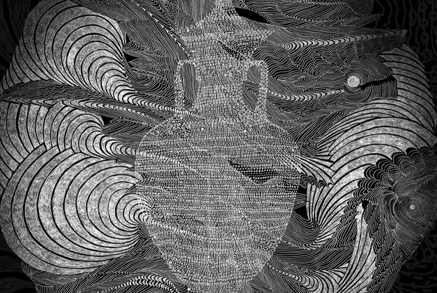 Black and white artwork comprised of dots and dashes with an ancient Grecian vessel in the centre of the work, surrounded by curved lines and shapes.