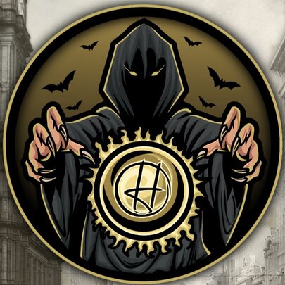 A hooded figure positioned centrally in a circular emblem holding a talisman with a stylized letter 'H' in the centre surrounded by flying bats against a vintage image of city buildings.