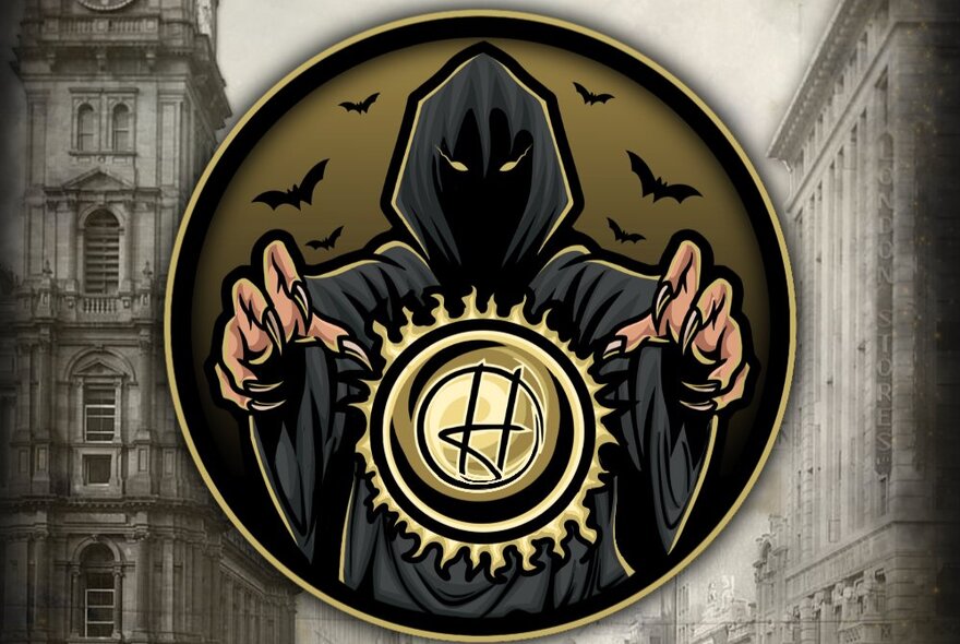 A hooded figure positioned centrally in a circular emblem holding a talisman with a stylized letter 'H' in the centre surrounded by flying bats against a vintage image of city buildings.