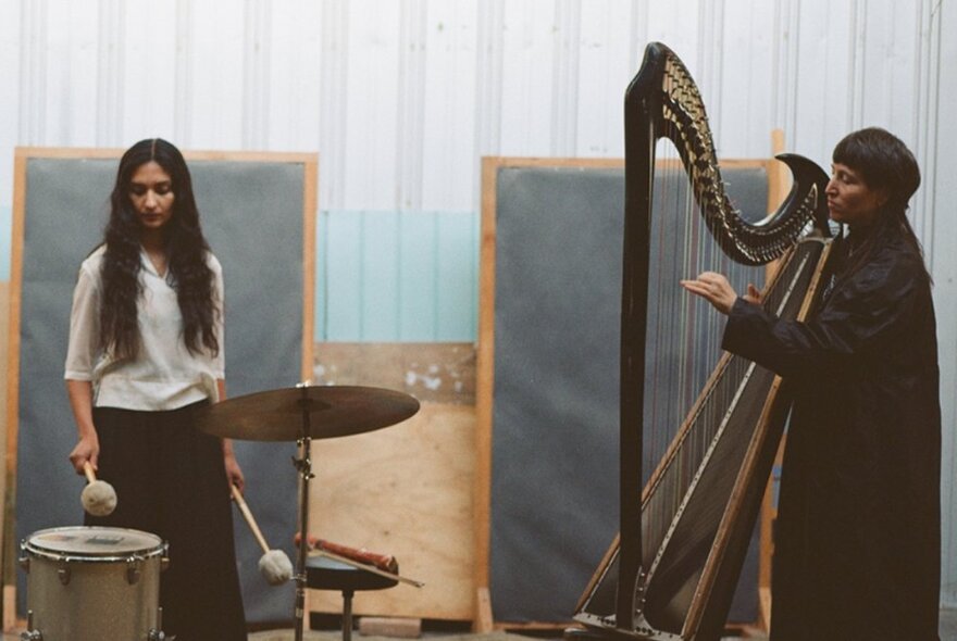 Two musicians performing, one with a harp and another with a small drum set with large fluffy drumsticks. 
