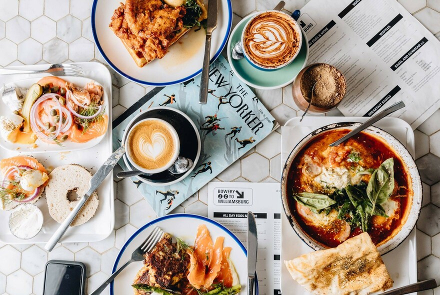 Coffees and a meal in a New York City diner.