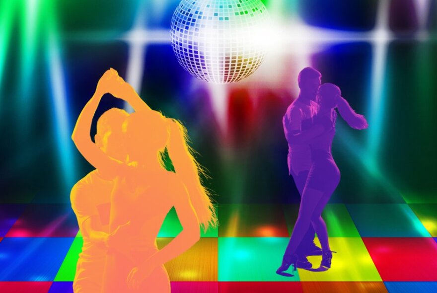 Coloured graphic showing couples - orange and purple - dancing under a disco ball on a chequered floor.