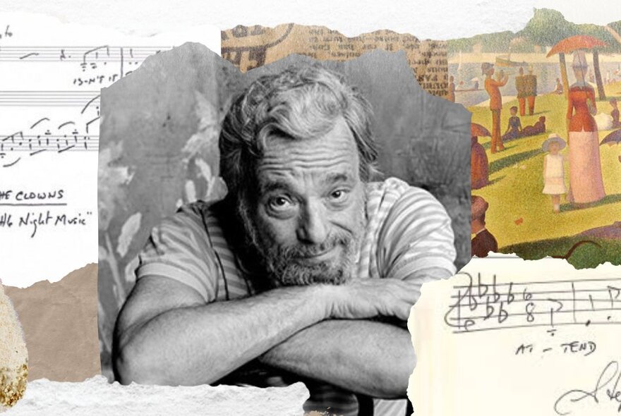 Black and white central image of Stephen Sondheim with his head resting on his folded arms, with a collage of music sheets and musical notation around the edges of the frame.