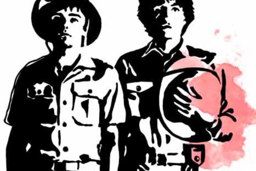 Detail from Air's album Moon Safari, two men wearing safari jackets and hats.