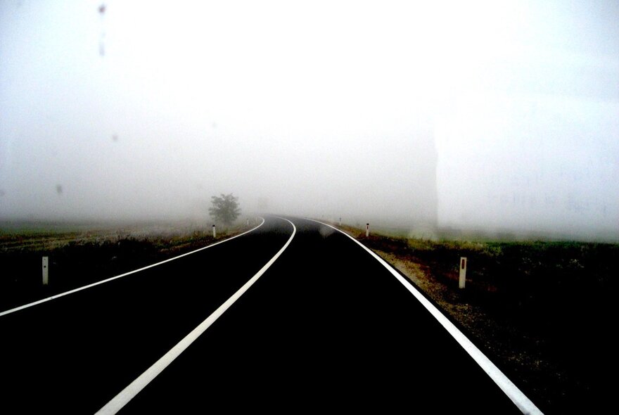 A straight asphalt road in the fog with green grass on the sides. 
