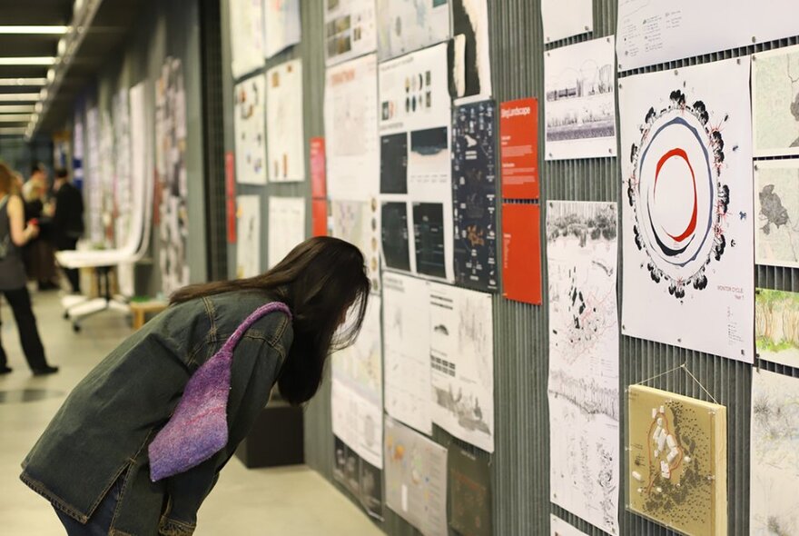 A person with long dark hair bent over looking at exhibition sketches on a wall.