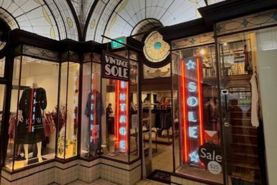 Clothing shop located within the historic Art Deco Cathedral Arcade in Melbourne's Nicholas Building.