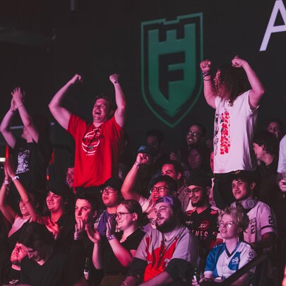 A crowd cheering while watching sport. 