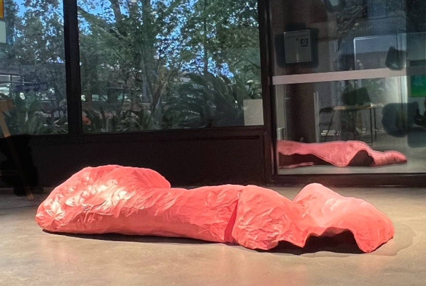 Livid pink art installation sculpture lying on a gallerey floor in front of a mirror and window at dusk.