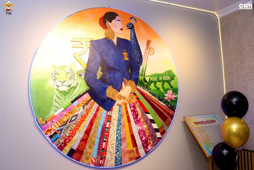 A collage artwork on a restaurant wall featuring an Indian woman in a blue jacket and colourful skirt with a tiger and a peacock behind her.