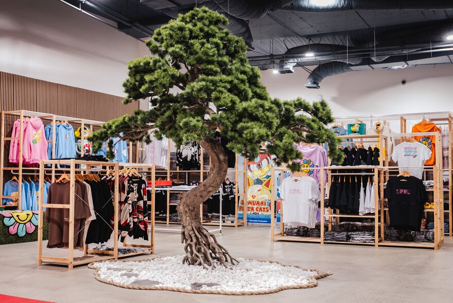 Interior of SoyToy Club store with a tree in the centre, with display racks of clothes spaced around the store.