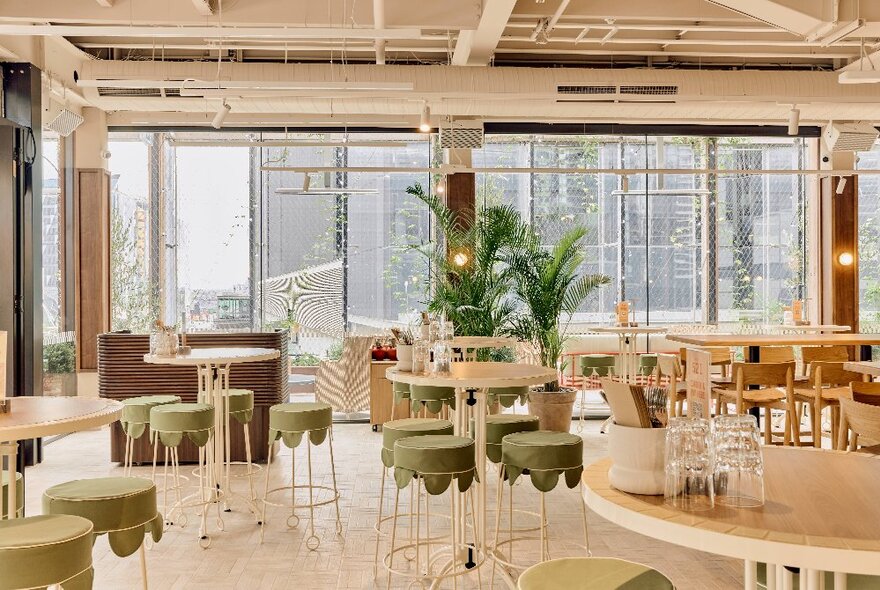 Interior of the Quarterhouse, with light blond wood bar tables and stools, and a back wall of large windows letting in plenty of sunlight. 