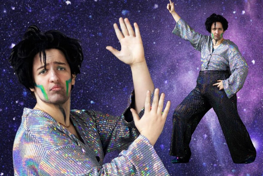 Drag king Silvio di Bacio wearing male makeup and wearing glittery trousers and shirt with arms pointing in the air against a purple night sky.