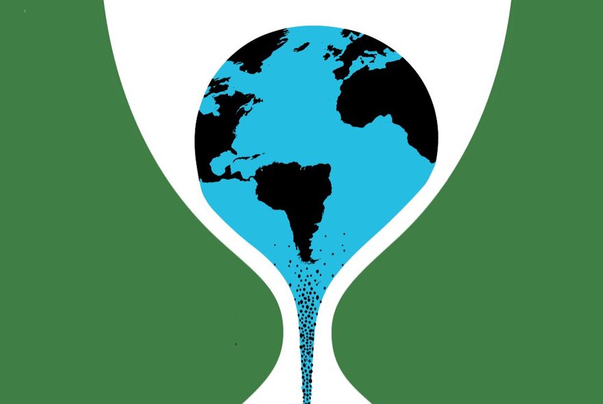Graphic image of the earth disappearing into an hour glass.