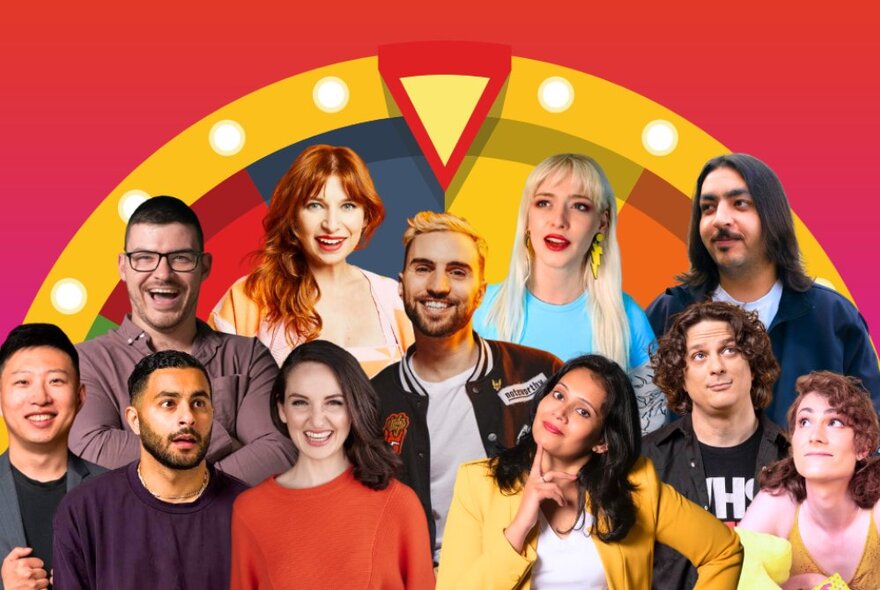 A crowd of people, all with different facial expressions, standing in front of a spinning game-show style wheel.