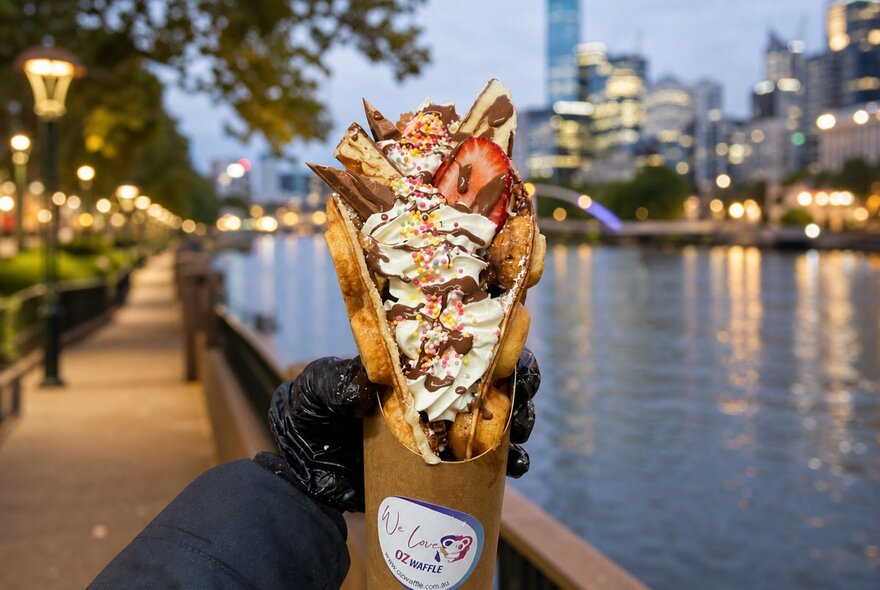 A gloved hand holding up a loaded creamy Belgian sweet waffle in a cone, against a backdrop of the Yarra River and Melbourne city at evening twilight.