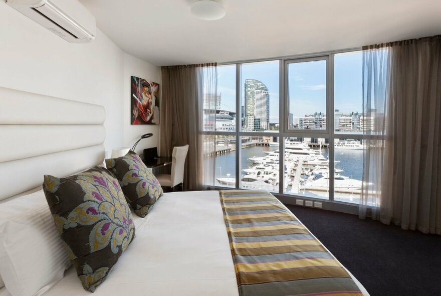 A hotel room looking out over boats in the harbour at Docklands.