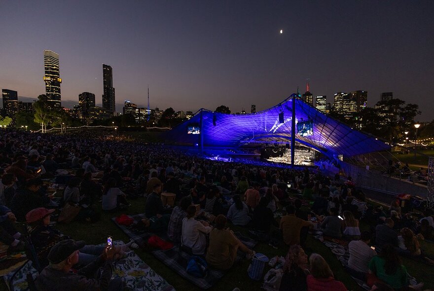 A nighttime view of the Sidney Myer Music Bowl. 