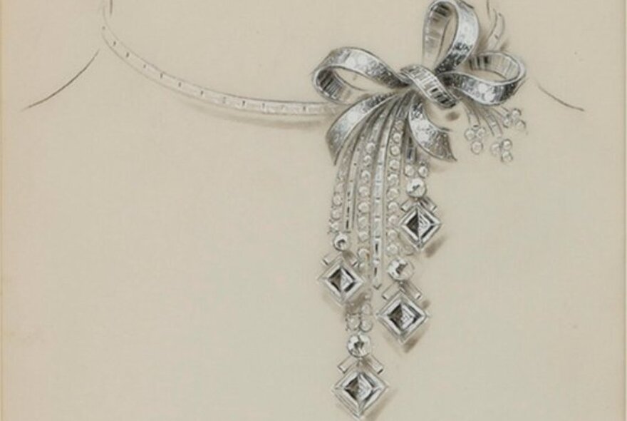 A intricate diagram of a jewelled neckpiece in the shape of a bow with trailing diamond shaped decorations.