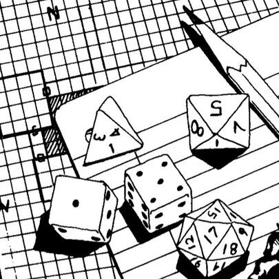 An illustration representing tabletop role-playing games with dice, a pencil and a grid sheet of paper.