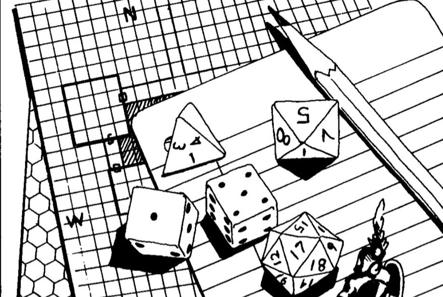 An illustration representing tabletop role-playing games with dice, a pencil and a grid sheet of paper.