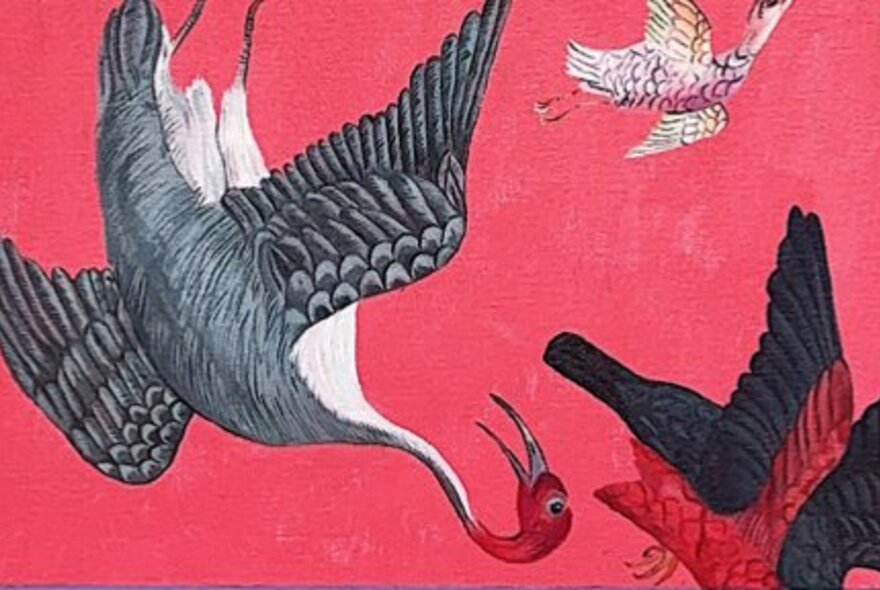 Three painted birds in flight on a pink-red background, the largest upside down with wings outstretched and red head.