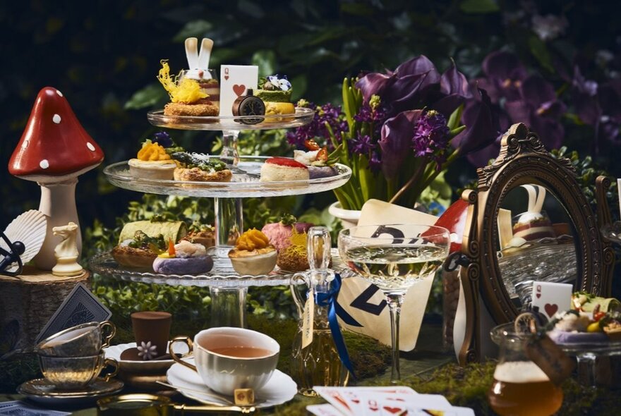 Alice in Wonderland-inspired afternoon tea setting with teacups, rabbit cakes on cake stands and plates.