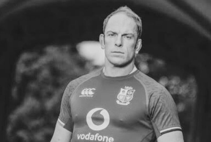 Black and white image of rugby great, Alun Wyn Jones.