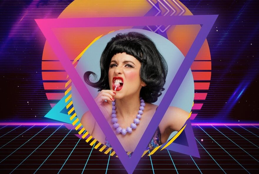 A woman wearing a black 60s wig biting on a lollypop with 80s style coloured graphics surrounding her, an inverted purple triangle framing her image. 