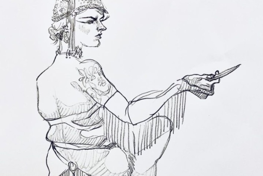 A charcoal sketch of a woman in fringed burlesque costume holding out a dagger.