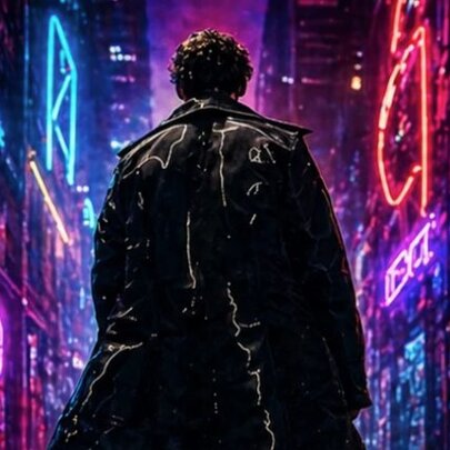 Dark-coated person walking down a neon-lit alleyway.