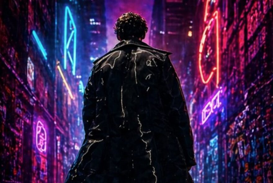 Dark-coated person walking down a neon-lit alleyway.