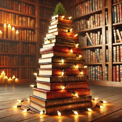 Stack of books in the shape of a Christmas tree.