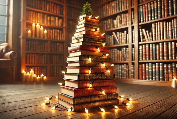 Stack of books in the shape of a Christmas tree.