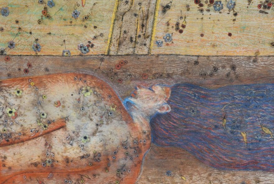 A print in natural tones resembling a figure with long blue hair floating in a river.