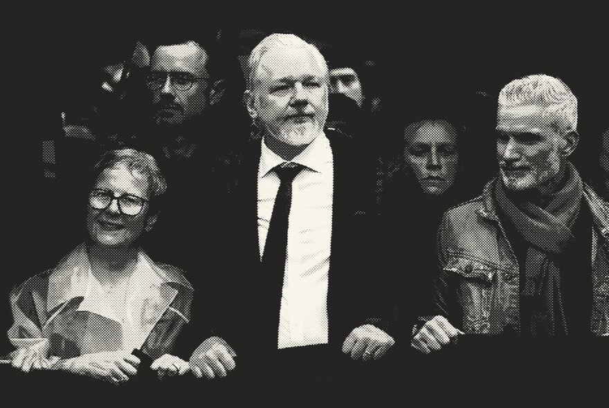 The central figure of Julian Assange, with people standing either side of him; black and white pixelated image.