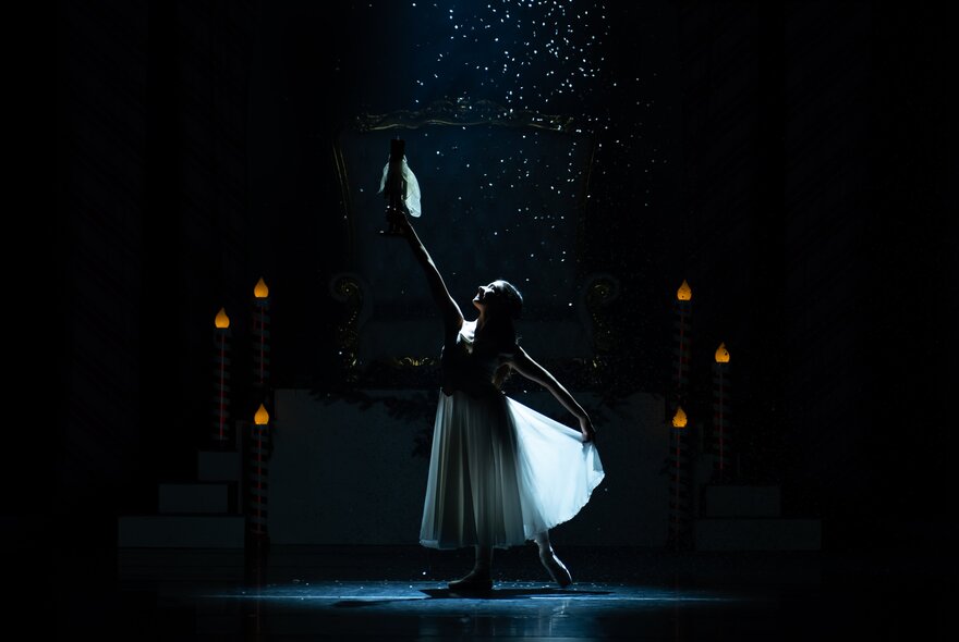 A dramatic stage moment from a production of The Nutcracker ballet, showcasing classic choreography under theatrical lighting.