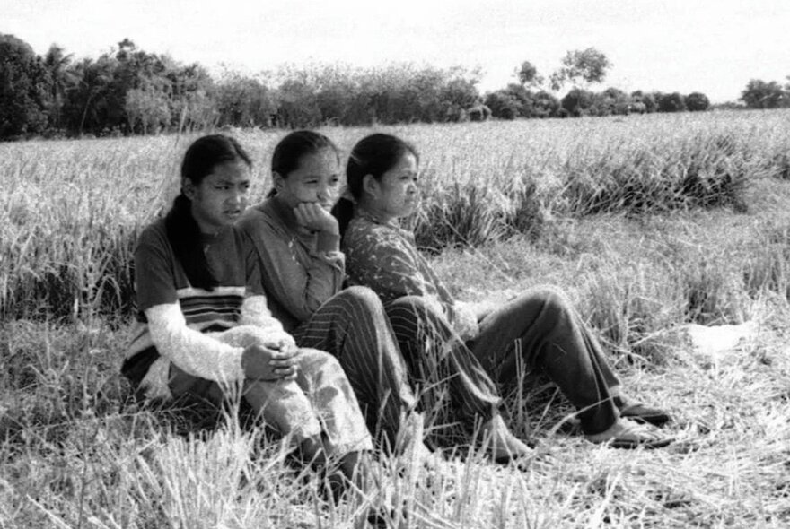 Still from a film, of three young people sitting together in a tall grassy field, looking off into the distance.