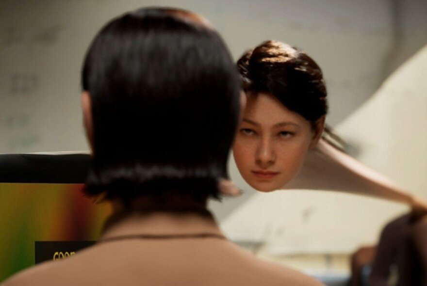 Artwork showing the back of a person's head and their face reflected for the viewer to see.