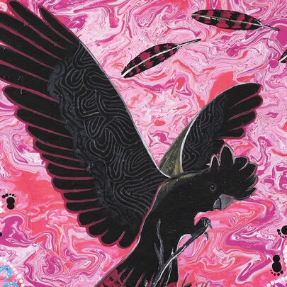 A contemporary Indigenous artwork featuring a black cockatoo against a vibrant pink and marbled background.